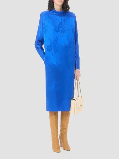 Valentino Garavani Women's Midi Dress in Shiny-Matte Flowerism Sunflowers Jacquard - Cobalt | Thumbnail 5