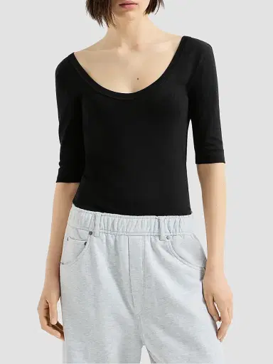 Brunello Cucinelli Women's Stretch Cotton Ribbed Jersey T-Shirt with Monili - Black - Size XXXXL | Thumbnail 2