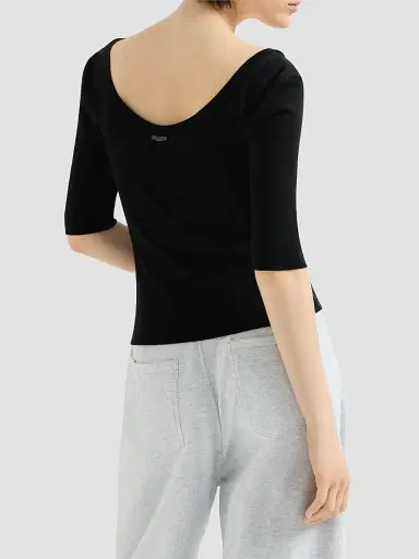 Brunello Cucinelli Women's Stretch Cotton Ribbed Jersey T-Shirt with Monili - Black - Size XXXXL | Thumbnail 3