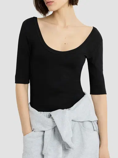 Brunello Cucinelli Women's Stretch Cotton Ribbed Jersey T-Shirt with Monili - Black - Size XXXXL | Thumbnail 4