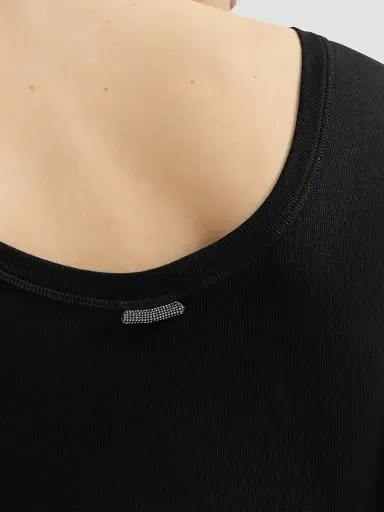Brunello Cucinelli Women's Stretch Cotton Ribbed Jersey T-Shirt with Monili - Black - Size XXXXL | Thumbnail 5