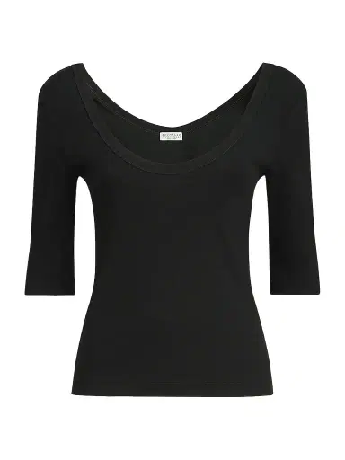 Brunello Cucinelli Women's Stretch Cotton Ribbed Jersey T-Shirt with Monili - Black - Size XXXXL | Thumbnail 1