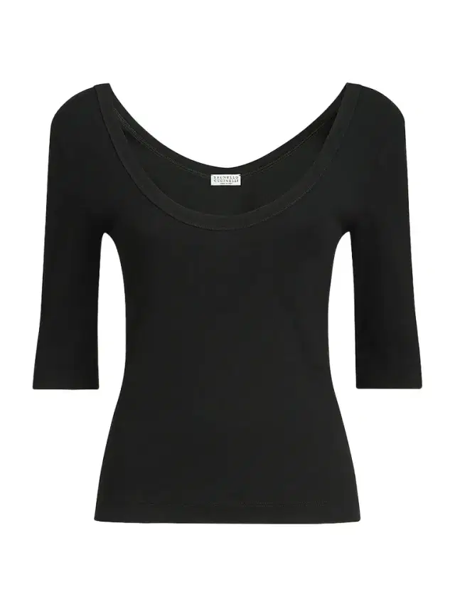Brunello Cucinelli Women's Stretch Cotton Ribbed Jersey T-Shirt with Monili - Black