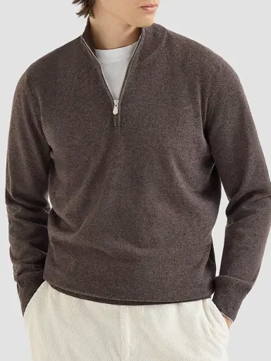 Brunello Cucinelli Men's Cashmere Sweater with Half Zip - Brown - Size 52 | Thumbnail 2 Brunello Cucinelli Men's Cashmere Sweater with Half Zip - Brown - Size 52 | Thumbnail 2