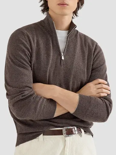 Brunello Cucinelli Men's Cashmere Sweater with Half Zip - Brown - Size 52 | Thumbnail 5 Brunello Cucinelli Men's Cashmere Sweater with Half Zip - Brown - Size 52 | Thumbnail 5