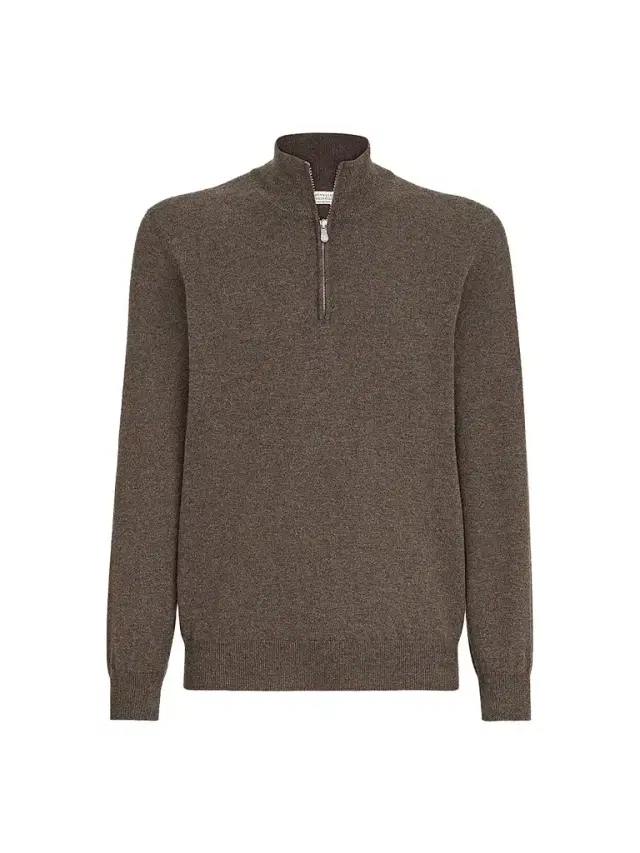 Brunello Cucinelli Men's Cashmere Sweater with Half Zip - Brown