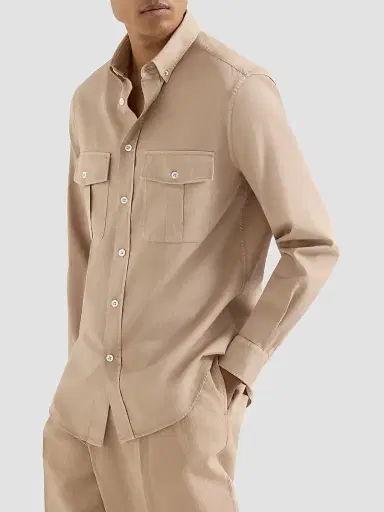 Brunello Cucinelli Men's Garment Dyed Easy Fit Shirt in Cotton Twill | Thumbnail 2 Brunello Cucinelli Men's Garment Dyed Easy Fit Shirt in Cotton Twill | Thumbnail 2