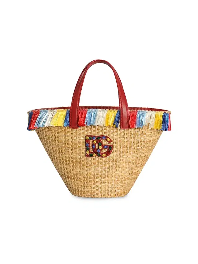 Dolce & Gabbana Girl's DG Fringe-Trimmed Straw Bag - Carretto