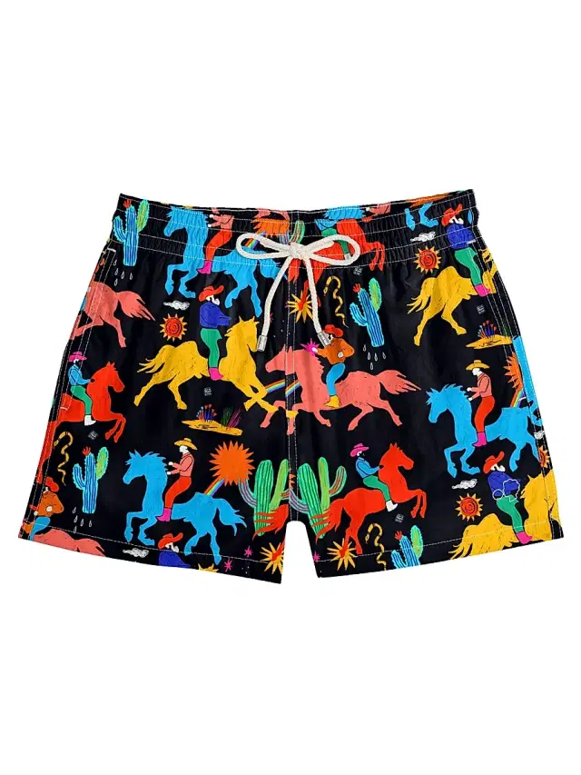 Men's Black Cowboy Printed Drawstring Swim Shorts - Black