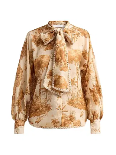 Zimmermann Women's Indra Printed Tieneck Blouse - Coffee Safari | Thumbnail 1 Zimmermann Women's Indra Printed Tieneck Blouse - Coffee Safari | Thumbnail 1