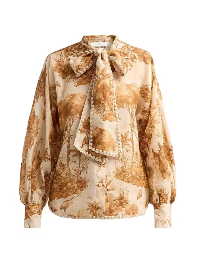 Women's Indra Printed Tieneck Blouse - Coffee Safari