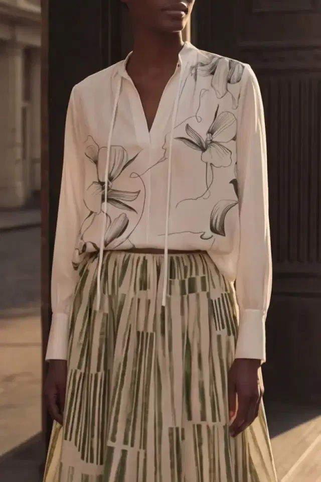SHADOW FLORAL SILK TWILL TIE NECK BLOUSE