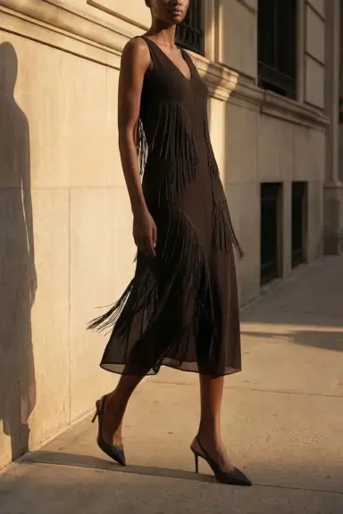 Jason Wu Collection V-NECK FRINGE KNIT MIDI DRESS WITH SLIP | Thumbnail 1