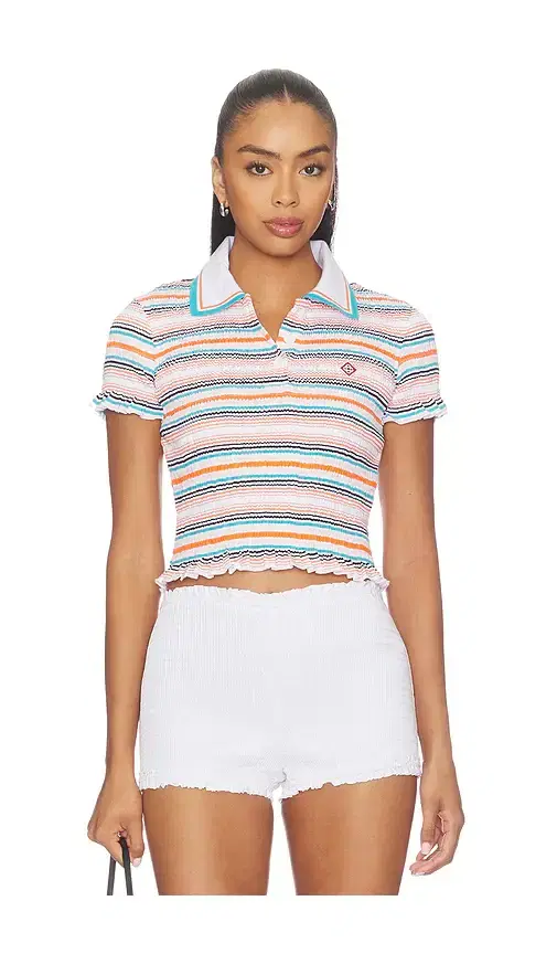 Casablanca Stripe Shirred Polo Top