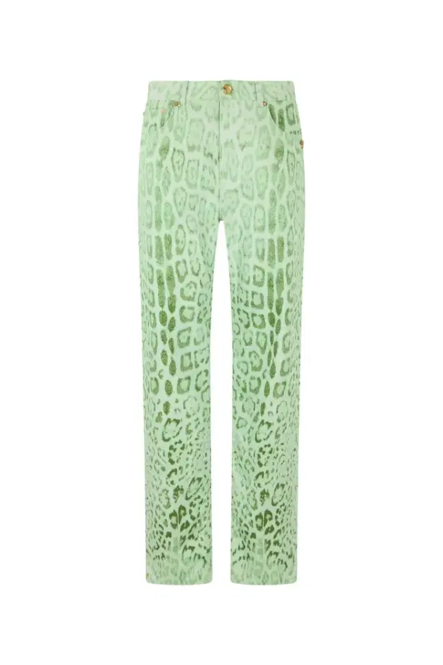 Roberto Cavalli Cotton Denim with Jaguar Mint Print