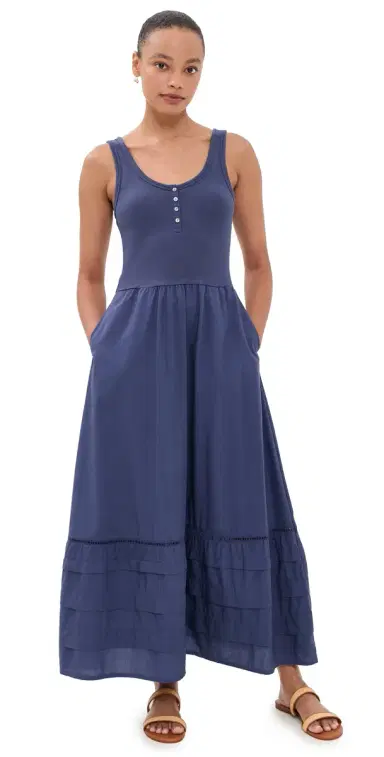Marine Layer Lexi Rib Knit Woven Mix Dress Navy | Thumbnail 1 Marine Layer Lexi Rib Knit Woven Mix Dress Navy | Thumbnail 1