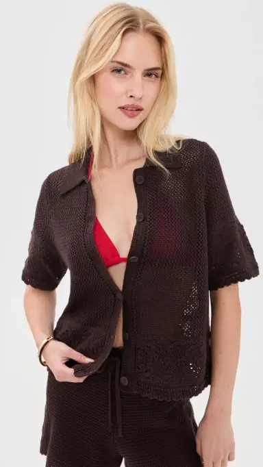 Marine Layer Crochet Button Down Chocolate M | Thumbnail 2