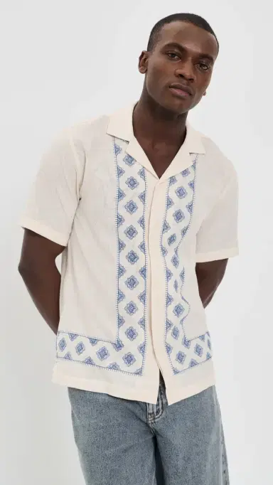 Orlebar Brown Maitan Carnival Embroidery Shirt White Sand/Nightfall Blue | Thumbnail 2