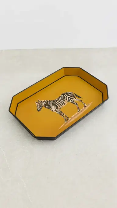 Les Ottomans Flora Handpainted Iron Tray Yellow/White/Black One Size | Thumbnail 2