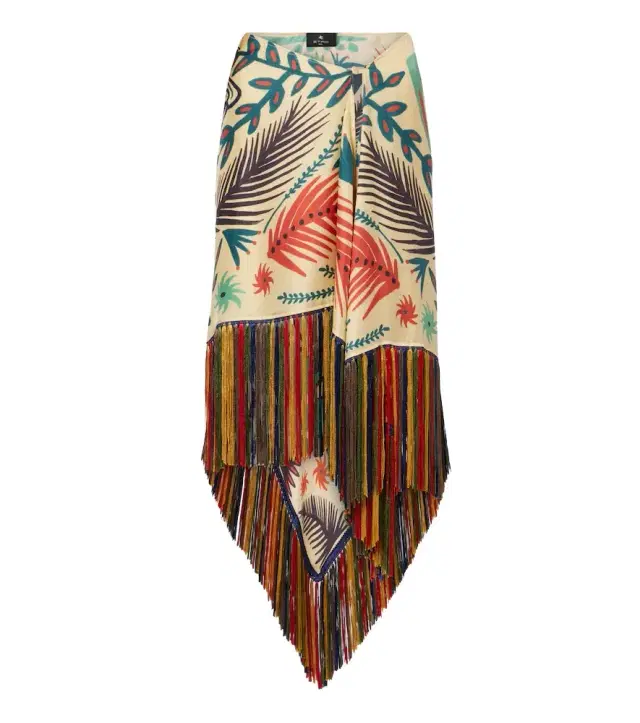 Etro Fringed printed asymmetric silk midi skirt
