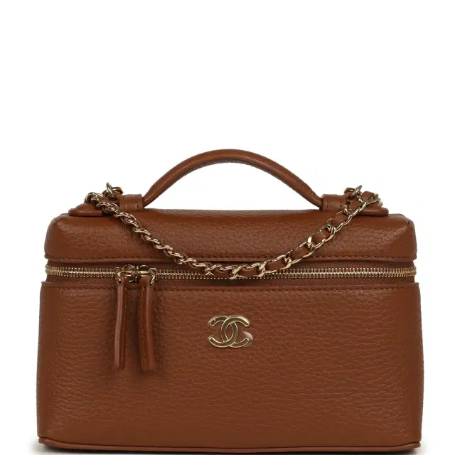 Chanel Chanel "Supple" Top Handle Long Vanity Case with Chain Camel Grained Calfskin Gold Hardware
