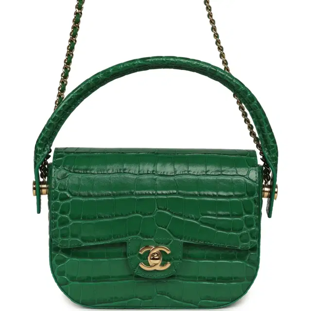 Chanel Mini Top Handle "Turn Around" Flap Bag Green Croc Embossed Calfskin Gold Hardware