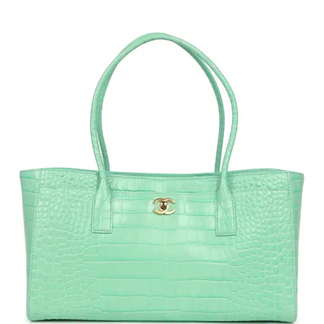 Chanel Small Cerf Shopping Bag Teal Croc Embossed Calfskin Gold Hardware