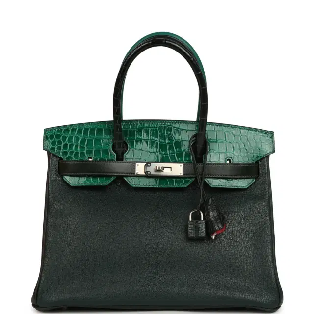 HERMÈS Pre-owned Hermes "Patchwork" Birkin 30 Vert Titien, Vert Fonce, Malachite, Emeraude Chevre Mysore, Clemence, Shiny Porosus Crocodile, Epsom, Swift, Box Palladium Hardware