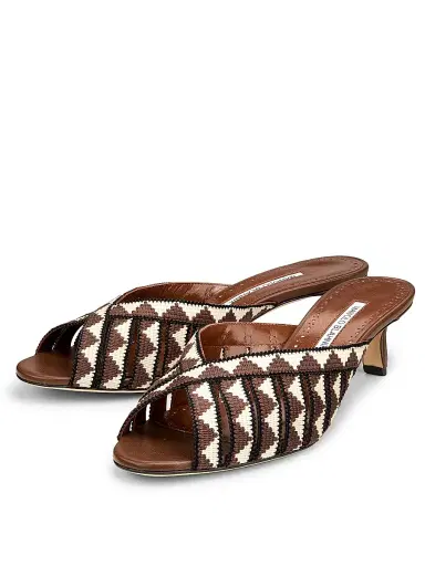 Manolo Blahnik Women's Trofesamu Woven Kitten-Heel Sandals - White Dark Brown | Thumbnail 2
