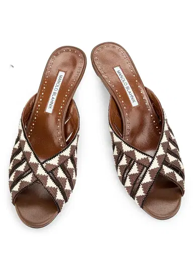 Manolo Blahnik Women's Trofesamu Woven Kitten-Heel Sandals - White Dark Brown | Thumbnail 4