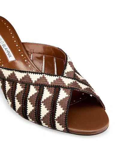 Manolo Blahnik Women's Trofesamu Woven Kitten-Heel Sandals - White Dark Brown | Thumbnail 5