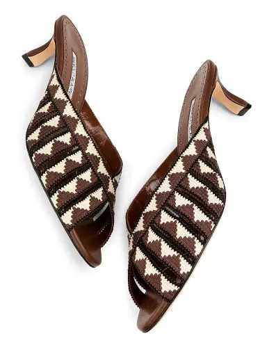 Manolo Blahnik Women's Trofesamu Woven Kitten-Heel Sandals - White Dark Brown | Thumbnail 6