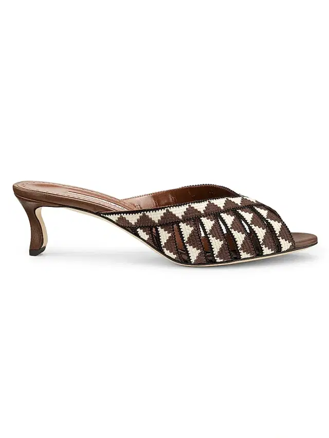 Manolo Blahnik Women's Trofesamu Woven Kitten-Heel Sandals - White Dark Brown