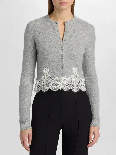 Adam Lippes Women's Briar Lace-Trim Cashmere Crop Cardigan - Heather Grey - Size XL | Thumbnail 3