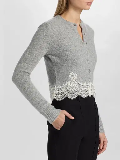 Adam Lippes Women's Briar Lace-Trim Cashmere Crop Cardigan - Heather Grey - Size XL | Thumbnail 4