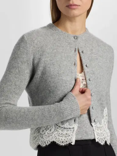 Adam Lippes Women's Briar Lace-Trim Cashmere Crop Cardigan - Heather Grey - Size XL | Thumbnail 6
