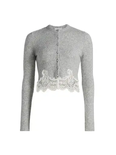 Adam Lippes Women's Briar Lace-Trim Cashmere Crop Cardigan - Heather Grey - Size XL | Thumbnail 1