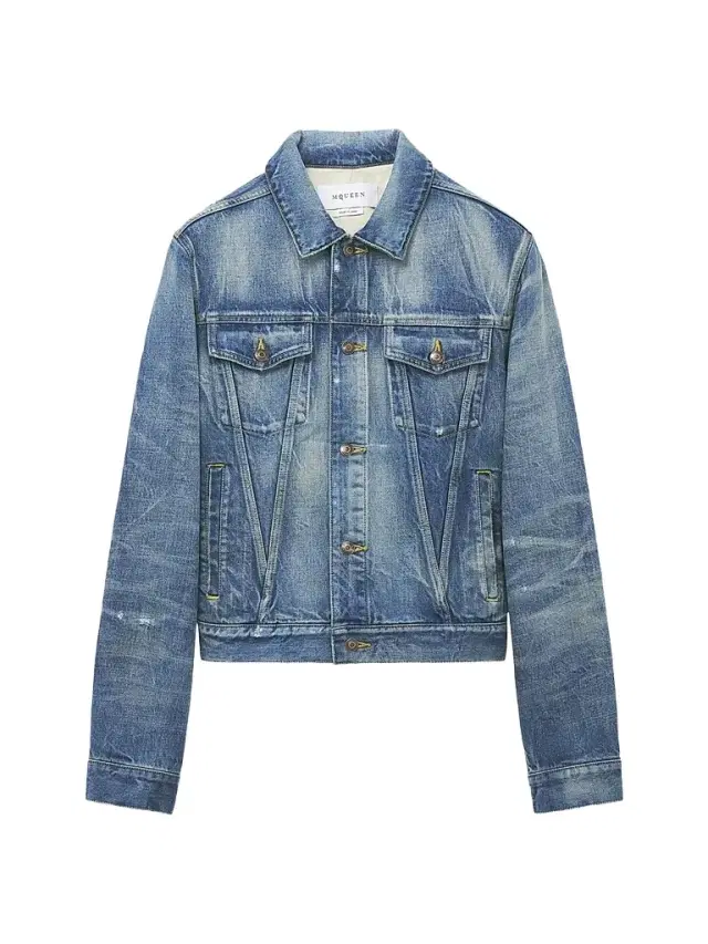 McQueen Men's Distressed Cotton Denim Jacket - Blue Washed