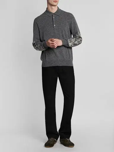 Alexander McQueen Men's Floral-Embroidered Wool Long-Sleeve Polo Sweater - Grey Ivory - Size 40 | Thumbnail 2 Alexander McQueen Men's Floral-Embroidered Wool Long-Sleeve Polo Sweater - Grey Ivory - Size 40 | Thumbnail 2