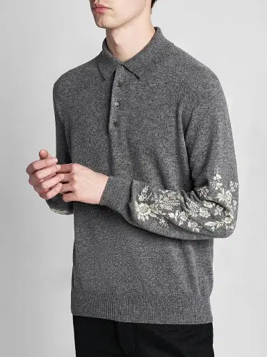 Alexander McQueen Men's Floral-Embroidered Wool Long-Sleeve Polo Sweater - Grey Ivory - Size 40 | Thumbnail 6 Alexander McQueen Men's Floral-Embroidered Wool Long-Sleeve Polo Sweater - Grey Ivory - Size 40 | Thumbnail 6