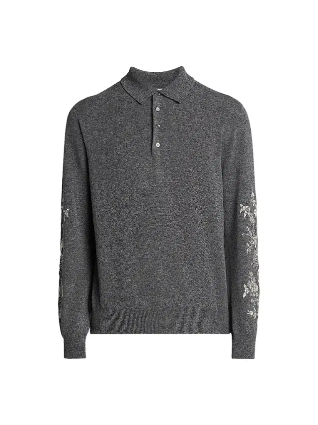 McQueen Men's Floral-Embroidered Wool Long-Sleeve Polo Sweater - Grey