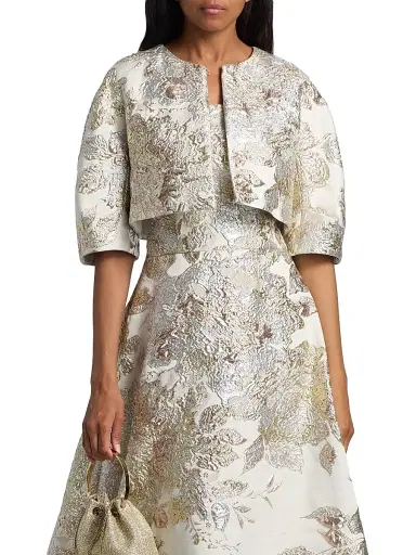 Teri Jon by Rickie Freeman Women's Metallic Jacquard Crop Bolero | Thumbnail 3 Teri Jon by Rickie Freeman Women's Metallic Jacquard Crop Bolero | Thumbnail 3