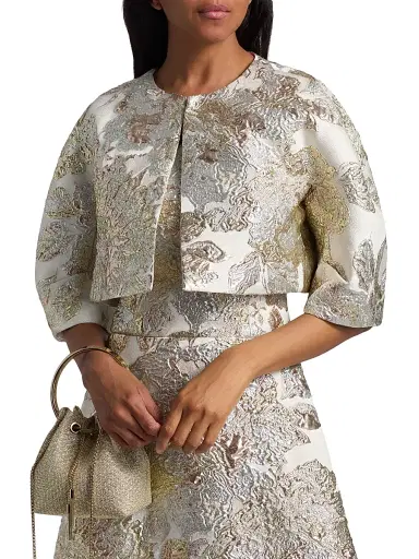 Teri Jon by Rickie Freeman Women's Metallic Jacquard Crop Bolero | Thumbnail 6 Teri Jon by Rickie Freeman Women's Metallic Jacquard Crop Bolero | Thumbnail 6