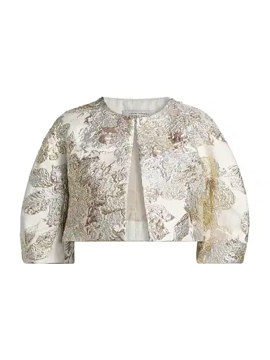 Teri Jon by Rickie Freeman Women's Metallic Jacquard Crop Bolero | Thumbnail 1 Teri Jon by Rickie Freeman Women's Metallic Jacquard Crop Bolero | Thumbnail 1