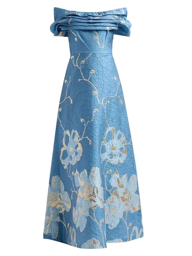 Teri Jon by Rickie Freeman Women's Floral Jacquard Off-The-Shoulder A-Line Gown - Slate Multi