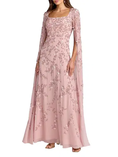 Mac Duggal Women's Petite Beaded Cape-Sleeve Gown - Rose - Size Petite 12 | Thumbnail 1