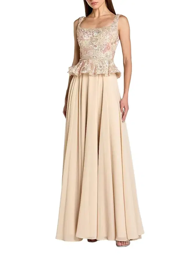 Women's Petite Chiffon Embroidered Peplum Gown - Champagne Petite 8