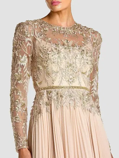 Mac Duggal Women's Petite Chiffon Long-Sleeve Embellished Gown - Taupe - Size Petite 14 | Thumbnail 3