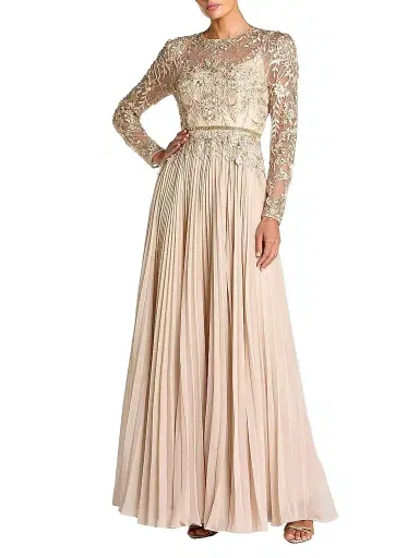 Mac Duggal Women's Petite Chiffon Long-Sleeve Embellished Gown - Taupe - Size Petite 14 | Thumbnail 1