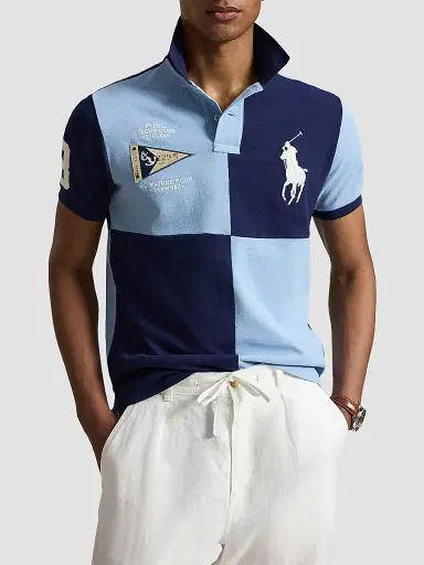 Polo Ralph Lauren Men's Custom Slim-Fit Big Pony Mesh Polo Shirt - Navy Powder Blue - Size XS | Thumbnail 4
